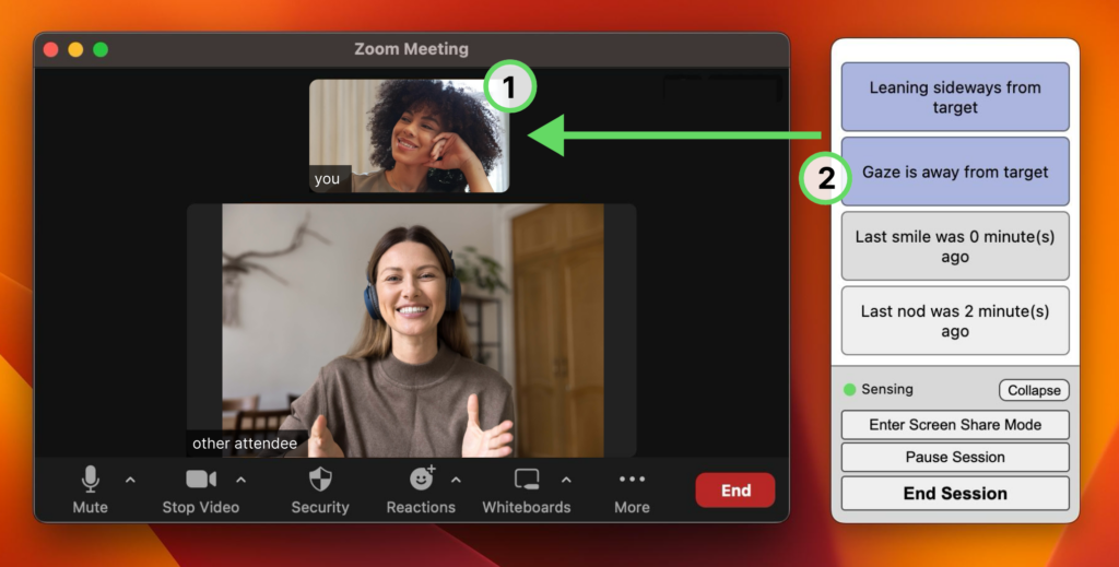 The Novecs sidebar, arranged next to a Zoom meeting window, displaying personalized, in-meeting feedback on the user’s own non-verbal cues.